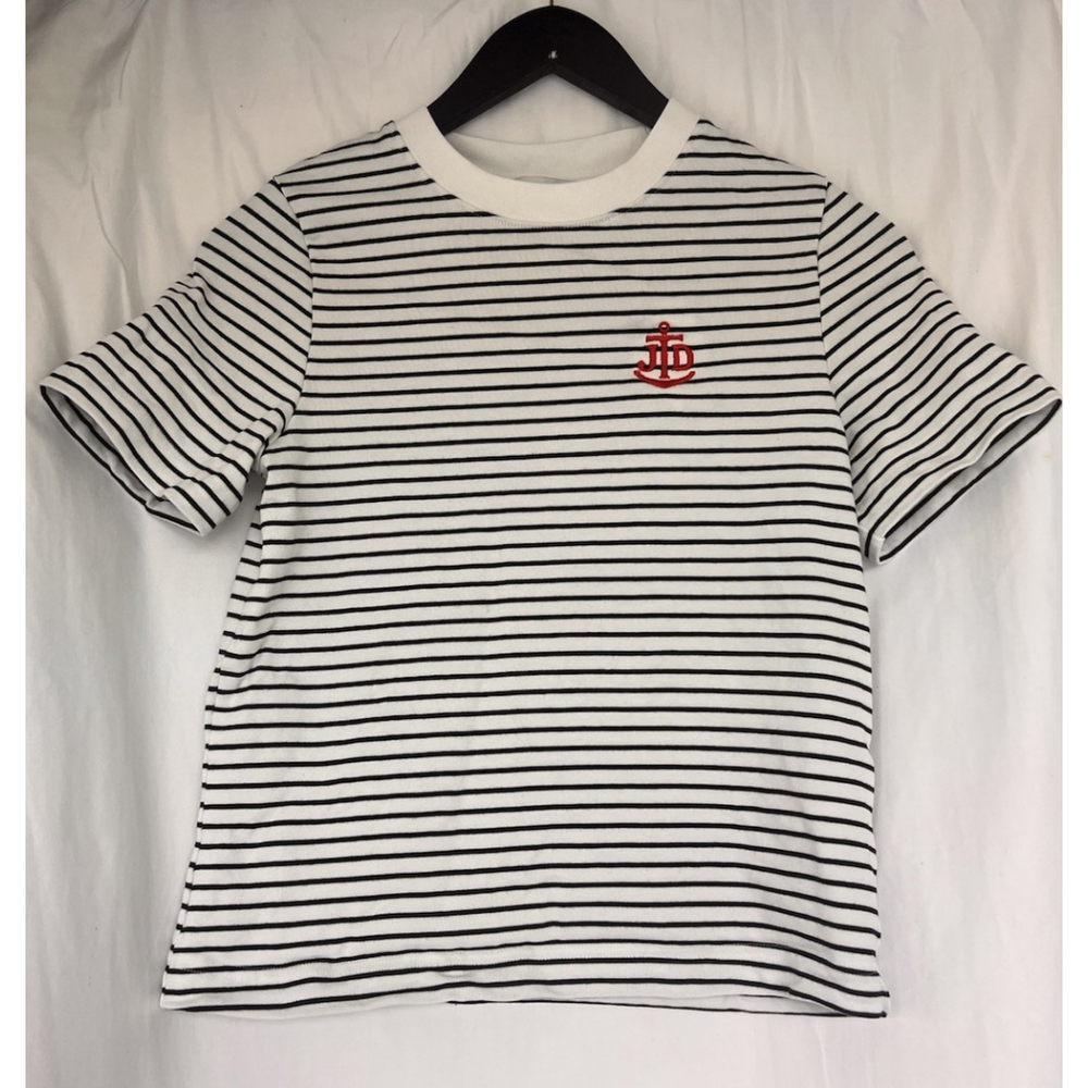 COS Striped Nautical T-Shirt Size XS White Black Anchor Embroidery Coastal Prep